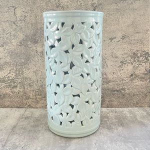 Vtg Chinese Celadon Greenware Large Vase Leaves Lattice Double Layered 13.5”